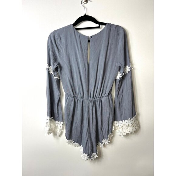 Nude blue floral‎ lace trim romper women’s small festival boho - Picture 8 of 10